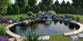 Scenic spring summer artificial pond environment surrounded by rocks Royalty Free Stock Photo