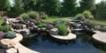 Scenic spring summer artificial pond environment surrounded by rocks Royalty Free Stock Photo