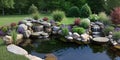 Scenic spring summer artificial pond environment surrounded by rocks Royalty Free Stock Photo