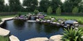Scenic spring summer artificial pond environment surrounded by rocks Royalty Free Stock Photo