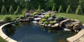 Scenic spring summer artificial pond environment surrounded by rocks Royalty Free Stock Photo