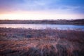 Scenic spring sunrise landscape river bank in rural field. Grass and sky illuminate golden color of the rising sun Royalty Free Stock Photo