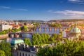 Scenic spring sunset aerial view of the Old Town pier architecture and Charles Bridge over Vltava river in Prague, Czech Republic Royalty Free Stock Photo