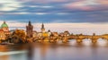 Scenic spring sunset aerial view of the Old Town pier architecture and Charles Bridge over Vltava river in Prague, Czech Republic Royalty Free Stock Photo