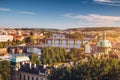 Scenic spring sunset aerial view of the Old Town pier architecture and Charles Bridge over Vltava river in Prague, Czech Republic Royalty Free Stock Photo