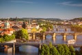 Scenic spring sunset aerial view of the Old Town pier architecture and Charles Bridge over Vltava river in Prague, Czech Republic Royalty Free Stock Photo