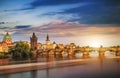 Scenic spring sunset aerial view of the Old Town pier architecture and Charles Bridge over Vltava river in Prague, Czech Republic Royalty Free Stock Photo