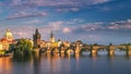 Scenic spring sunset aerial view of the Old Town pier architecture and Charles Bridge over Vltava river in Prague, Czech Republic Royalty Free Stock Photo