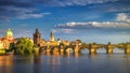 Scenic spring sunset aerial view of the Old Town pier architecture and Charles Bridge over Vltava river in Prague, Czech Republic