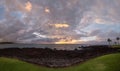 Scenic stitched panorama of a sunset over Pacific ocean,  Big Island, Hawaii. Royalty Free Stock Photo