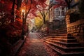 A scenic stone stair path in Montmartre, Paris, amid vibrant autumn foliage