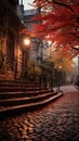 A scenic stone stair path in Montmartre, Paris, amid vibrant autumn foliage