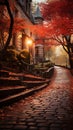 A scenic stone stair path in Montmartre, Paris, amid vibrant autumn foliage