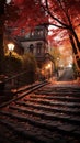 A scenic stone stair path in Montmartre, Paris, amid vibrant autumn foliage