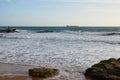 Scenic stormy seascape view of Atlantic ocean in Estoril, Portugal. Coastline, shore, seashore of Atlantic ocean Royalty Free Stock Photo