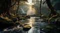 Scenic stream meandering through a lush, green forest, AI-generated.