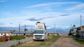 Scenic street around the main square of the village of Karajia with camper van parked. KARAJIA , PERU - MARCH 31st, 2019 Royalty Free Stock Photo