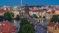 Scenic summer aerial view of the Old Town pier architecture and Charles Bridge over Vltava river day to night timelapse Royalty Free Stock Photo