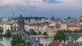 Scenic summer aerial view of the Old Town pier architecture and Charles Bridge over Vltava river timelapse in Praha Royalty Free Stock Photo