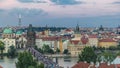 Scenic summer aerial view of the Old Town pier architecture and Charles Bridge over Vltava river timelapse in Praha Royalty Free Stock Photo
