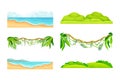 Scenic summer beach, green hills and tropical plants set. Jungle landscape design elements cartoon vector illustration Royalty Free Stock Photo