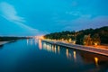 Scenic Evening View Of Sozh River, Illuminated Embankment, Park,