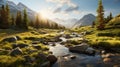 Photorealistic Wilderness Landscape: Valley Mountains With Stream