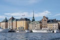 Scenic summer panorama of the Old Town Gamla Stan pier architecture in Stockholm, Sweden