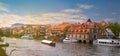 Scenic summer panorama warm toned at sunset of the Old Town pier in Bamberg, Bavaria, Germany. Panorama.