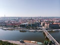 Scenic summer sunrise aerial view of the Old Town pier architecture and Charles Bridge over Vltava river in Prague, Czech Republic