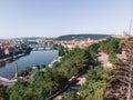 Scenic summer sunrise aerial view of the Old Town pier architecture and Charles Bridge over Vltava river in Prague, Czech Republic Royalty Free Stock Photo