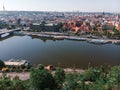 Scenic summer sunrise aerial view of the Old Town pier architecture and Charles Bridge over Vltava river in Prague, Czech Republic Royalty Free Stock Photo