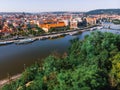 Scenic summer sunrise aerial view of the Old Town pier architecture and Charles Bridge over Vltava river in Prague, Czech Republic Royalty Free Stock Photo