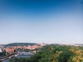 Scenic summer sunrise aerial view of the Old Town pier architecture and Charles Bridge over Vltava river in Prague, Czech Republic Royalty Free Stock Photo