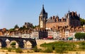 Summer view of Gien townscape with bridge across Loire and medieval Chateau