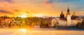 Scenic summer view of the Old Town buildings, Charles bridge and Vltava river in Prague during amazing sunset, Czech Republic Royalty Free Stock Photo