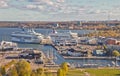 Scenic summer view of the Old Town and the port in Tallinn, colorful Estonia in clear weather. yachts are in port. view from above