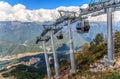 Scenic sunny landscape of Caucasus mountains with cableway ski lift of Gorky Gorod mountain resort in Sochi