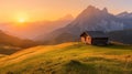 Scenic sunrise in italian dolomites alpine cabin in majestic mountain landscape Royalty Free Stock Photo