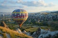 Scenic Sunrise over Cappadocia, Turkey Colorful Hot Air Balloons Soar over Rocky Landscape