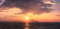 Scenic sunrise at Sarti beach, Halkidiki, Sithonia, Greece, Europe. Golden sunrise over the mountain Athos Royalty Free Stock Photo