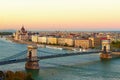 Scenic sunset autumn landscape of Budapest. Picturesque view of Chain Bridge over Danube River and The Hungarian Parliament Royalty Free Stock Photo