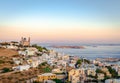 Ermoupolis and the Aegean Sea from above in Syros, Cyclades, Greece