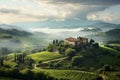 Scenic sunset in Italian landscape. Beautiful villa on a hill surrounded with cypress trees and vineyards