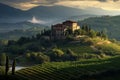 Scenic sunset in Italian landscape. Beautiful villa on a hill surrounded with cypress trees and vineyards