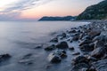 Scenic sunset landscape of rocky Black Sea coast by Bolshoy Utrish village, Anapa, Russia Royalty Free Stock Photo