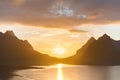 Scenic sunset near the great mountains in lofoten islands, Kjerkfjorden, bunesfjorden