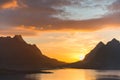 Scenic sunset near the great mountains in lofoten islands, Kjerkfjorden, bunesfjorden