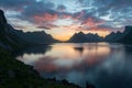 Scenic sunset near the great mountains in lofoten islands, Kjerkfjorden, bunesfjorden