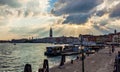 Scenic sunset outlook of canals in Venice with churches